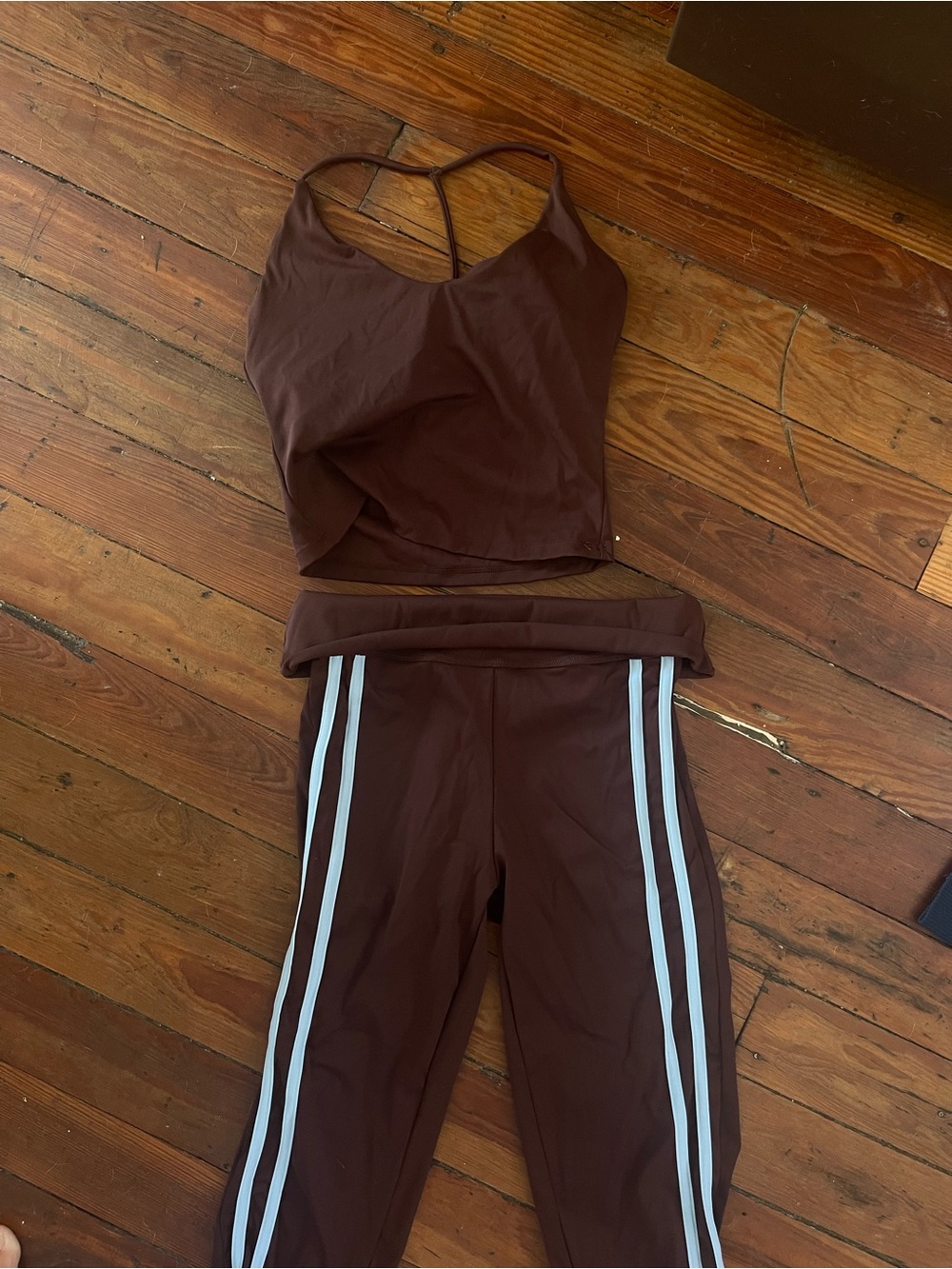 Women's Brown Strappy Crop Top & Side-Stripe Capri Leggings Set